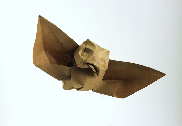 Origami Little owl by Sebastien Limet (Sebl). Folded from a squae of Biotope origami paper by Gilad Aharoni on giladorigami.com