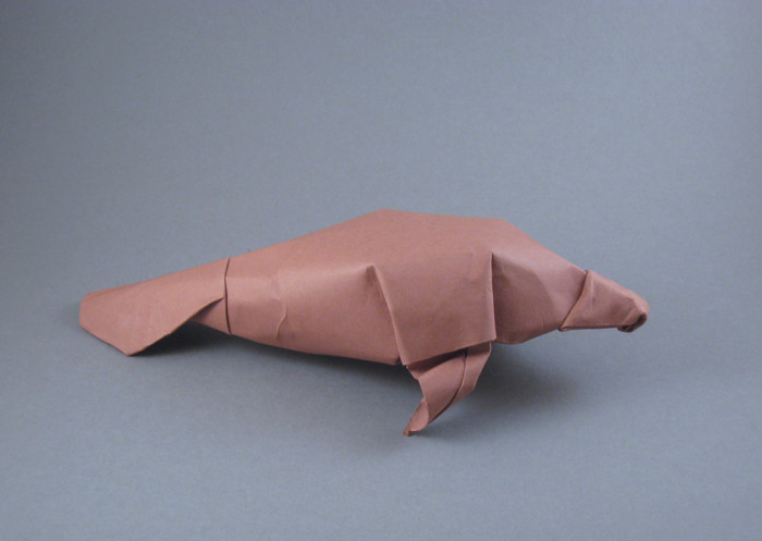 Origami West Indian Manatee by Michael G. LaFosse. Wet-folded from a square of art paper by Gilad Aharoni on giladorigami.com