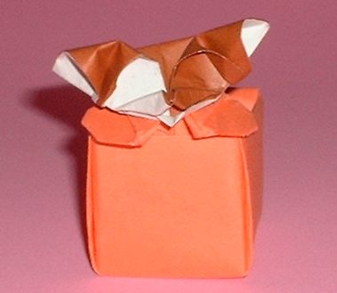 Origami Mogwai (Gremlin) by Mark Leonard. Folded from an A4 rectangle and a square of origami paper by Gilad Aharoni on giladorigami.com