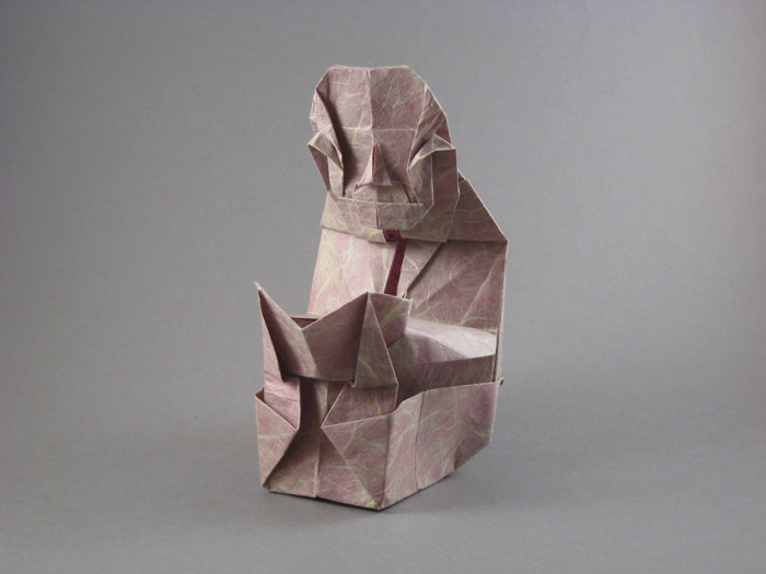 Origami Monk chanting a sutra by Kawai Toyoaki. Wet-folded from a square of Unryu paper by Gilad Aharoni on giladorigami.com