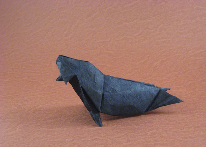 Origami Monk Seal by Michael G. LaFosse. Wet-folded from a square of Lokta by Gilad Aharoni on giladorigami.com