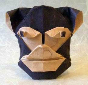 Origami Monkey mask by Robin Glynn. Wet-folded from a square of double-sided mulberry paper by Gilad Aharoni on giladorigami.com