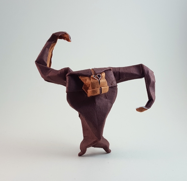 Origami Monkey by Angel Morollon Guallar. Wet folded from a suqare of double-sided mulberry paper by Gilad Aharoni on giladorigami.com