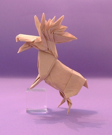 Origami Moose by John Montroll. Folded from a square of thin wrapping paper by Gilad Aharoni on giladorigami.com