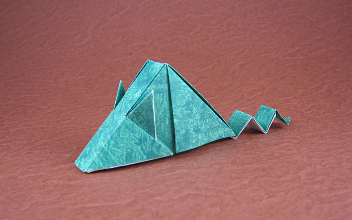 Origami Rat by Tanaka Masashi. Folded from a square of patterned origami paper by Gilad Aharoni on giladorigami.com