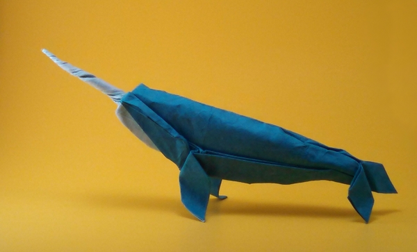 Origami Narwhal by John Szinger. Wet folded from a square of double-sided mulberry paper by Gilad Aharoni on giladorigami.com