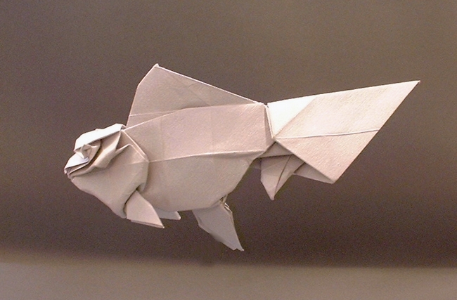 Origami Goldfish - Oranda by Ronald Koh. Folded from a square of silver art-paper by Gilad Aharoni on giladorigami.com