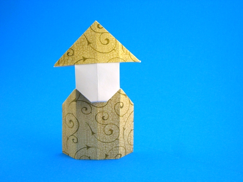 Origami Origamist in his hat by David Petty. Folded from a rectangle of scrapbooking paper by Gilad Aharoni on giladorigami.com