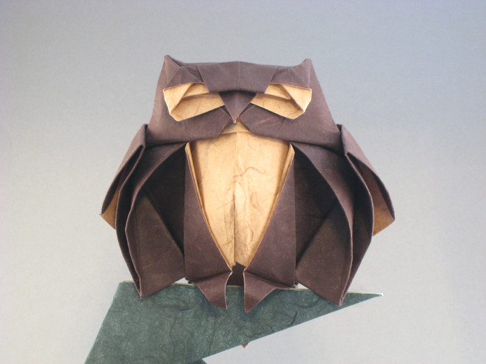 Origami Owl by Roman Diaz. Wet-folded from a square of double-sided mulberry paper by Gilad Aharoni on giladorigami.com