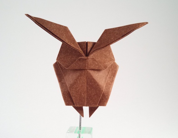 Origami Horned owl by Makoto Yamaguchi. Folded from a square of Speckle-Design paper by Gilad Aharoni on giladorigami.com