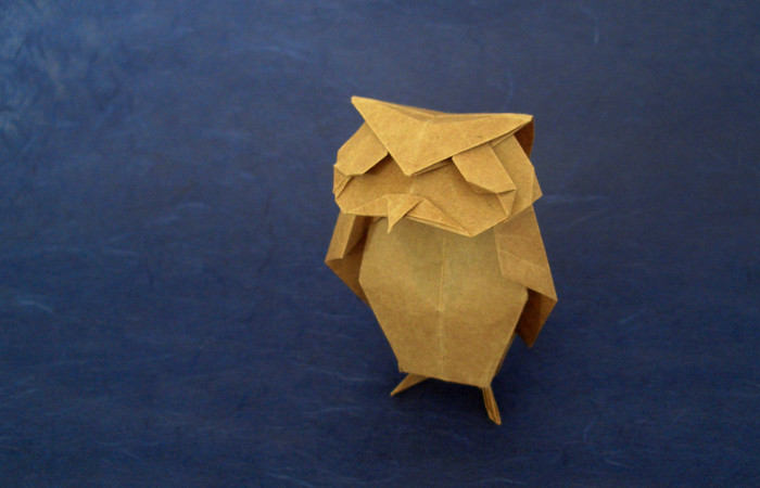 Origami Scops owl by Tsuda Yoshio. Folded from a square of thin wrapping paper by Gilad Aharoni on giladorigami.com