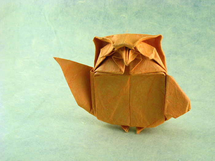 Origami Owlet 2 by Kyohei Katsuta. Wet-folded from a square of double-sided mulberry paper by Gilad Aharoni on giladorigami.com