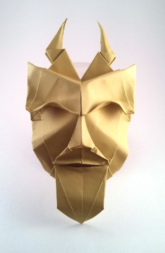 Origami Pan mask by Kunihiko Kasahara. Wet-folded from a square of art paper by Gilad Aharoni on giladorigami.com