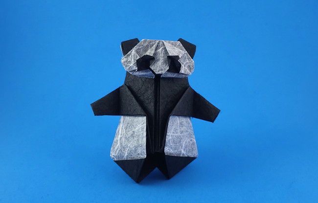 Origami Panda 2022 by Tsuruta Yoshimasa. Folded from a square of Duo Thai origami paper by Gilad Aharoni on giladorigami.com