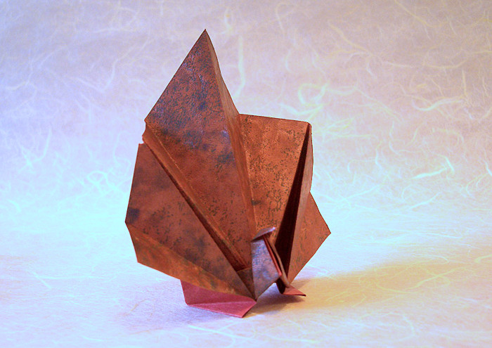 Origami Peacock by Kunihiko Kasahara. Folded from a rectangle of scrapbooking paper by Gilad Aharoni on giladorigami.com