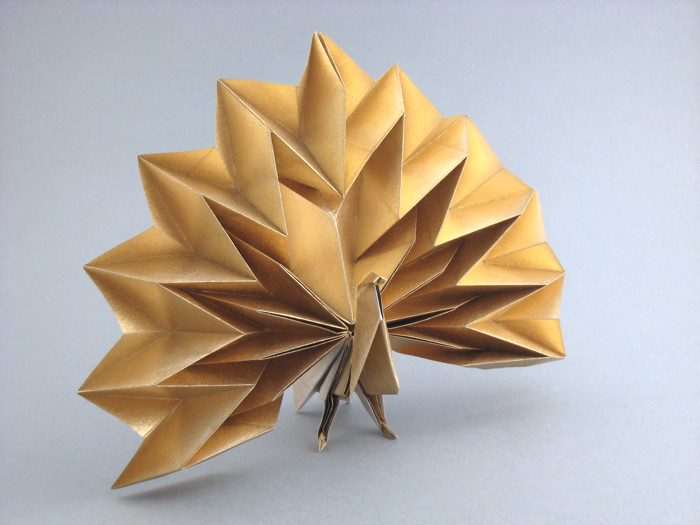 Origami Peacock by Jun Maekawa. Folded from a square of Nicolas Terry's tissue-foil by Gilad Aharoni on giladorigami.com