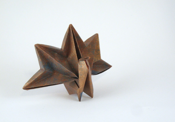 Origami Peacock by Jun Maekawa. Folded from a rectangle of scrapbooking paper by Gilad Aharoni on giladorigami.com