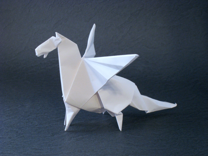 Origami Pegasus by Madiyar Amerkeshev. Folded from a square of origami paper by Gilad Aharoni on giladorigami.com