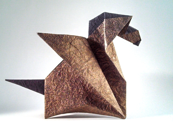 Origami Pegasus by Jacky Chan. Folded from a square of crinkle bronze scrapbooking paper by Gilad Aharoni on giladorigami.com
