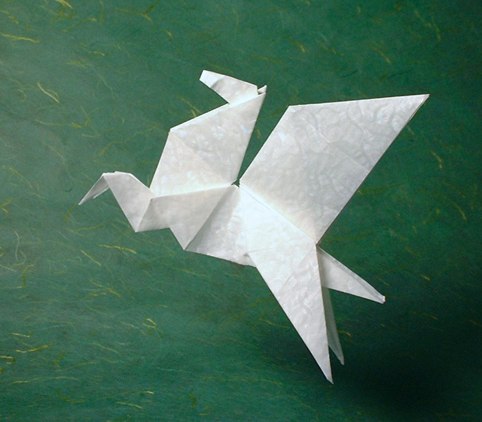 Origami Pegasus by Fumiaki Kawahata. Folded from 2 squares of Alabaster paper by Gilad Aharoni on giladorigami.com