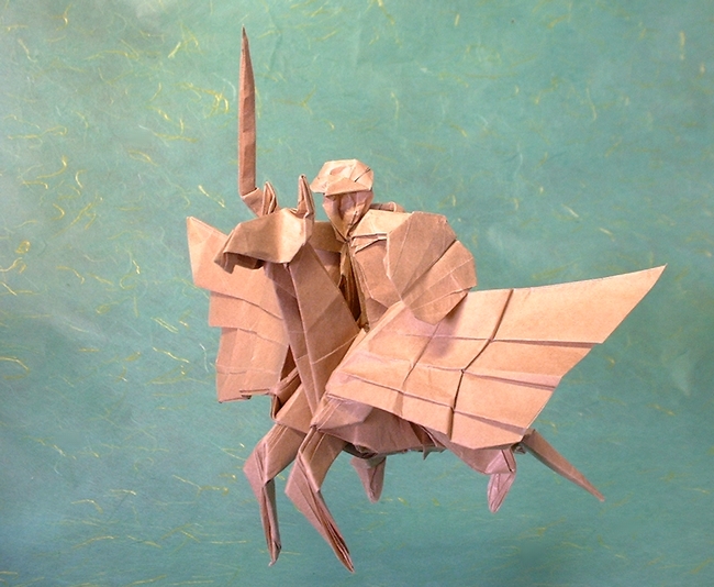 Origami Pegasus with knight by Miyajima Noboru. Folded from a square of thin brown wrapping paper by Gilad Aharoni on giladorigami.com