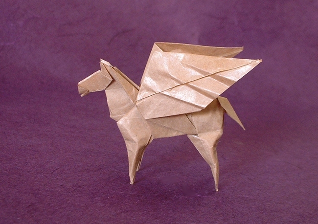 Origami Pegasus by Seiji Nishikawa. Folded from a square of thin brown wrapping paper by Gilad Aharoni on giladorigami.com