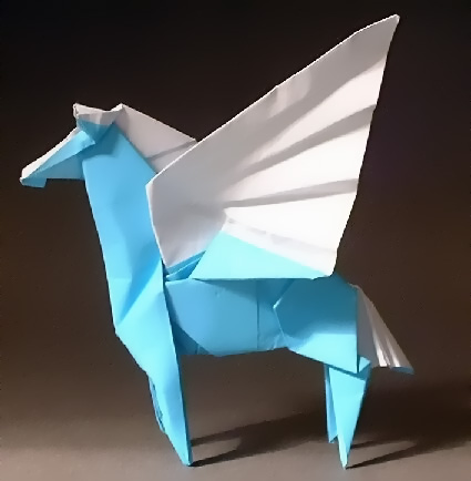 Origami Pegasus by Hojyo Takashi. Folded from a square of origami paper by Gilad Aharoni on giladorigami.com