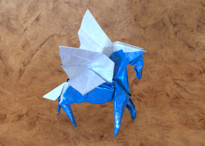 Origami Pegasus by Hojyo Takashi. Folded from a square of Urban Metal origami paper by Gilad Aharoni on giladorigami.com