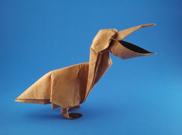 Origami Pelican by John Montroll. Wet-folded from a square of double-sided mulberry paper by Gilad Aharoni on giladorigami.com