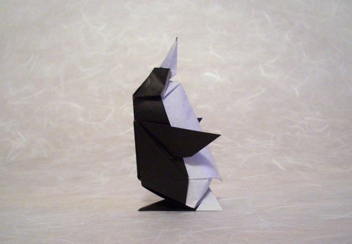 Origami Conical penguin by Jun Maekawa. Folded from a square of origami paper by Gilad Aharoni on giladorigami.com