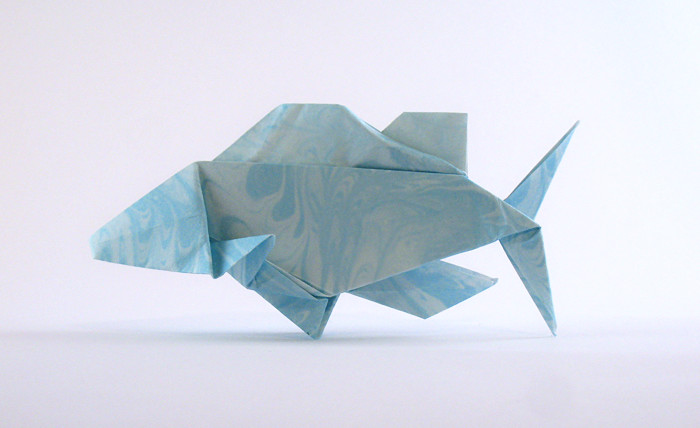 Origami Perch by John Montroll. Folded from a square of patterned origami paper by Gilad Aharoni on giladorigami.com