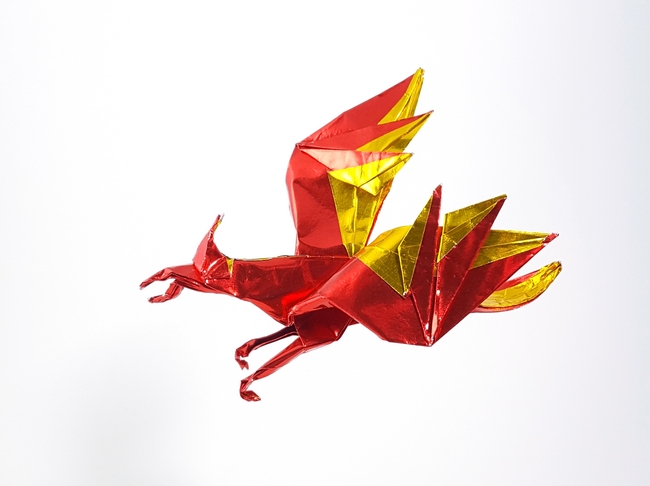 Origami Phoenix by Paul Frasco. Folded from a square of Japanese duo foil by Gilad Aharoni on giladorigami.com