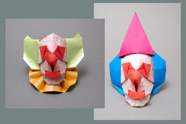 Origami Clown by Seiji Nishikawa. Folded from one squares of double-sided Unryu paper, and one square of double-sided pearlescent origami paper by Gilad Aharoni on giladorigami.com