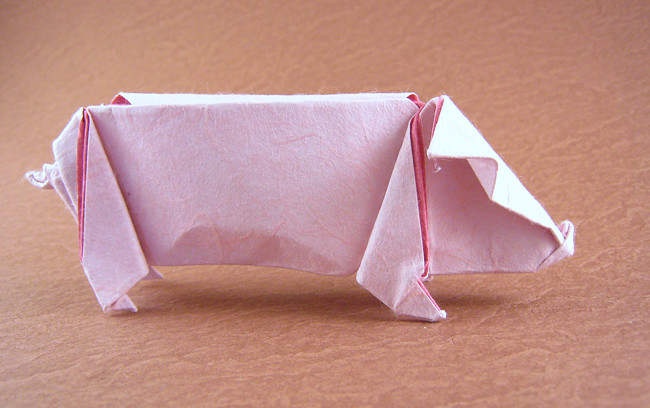 Origami Pig by Kunihiko Kasahara. Folded from a square of Unryu paper by Gilad Aharoni on giladorigami.com