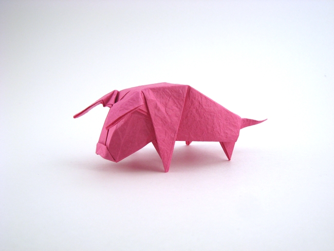 Origami Pig by Makoto Yamaguchi. Folded from a square of Vietnamese wrapping paper by Gilad Aharoni on giladorigami.com