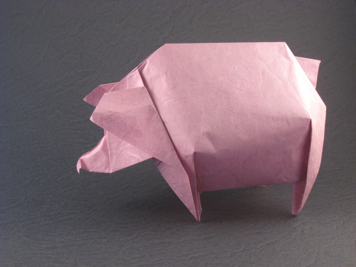 Origami Pig by Jozsef Zsebe. Folded from a square of Unryu paper by Gilad Aharoni on giladorigami.com