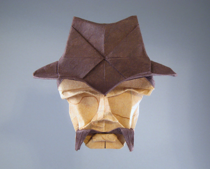 Origami Gunman mask by Gabriel Alvarez Casanovas. Folded from a square of origami paper by Gilad Aharoni on giladorigami.com