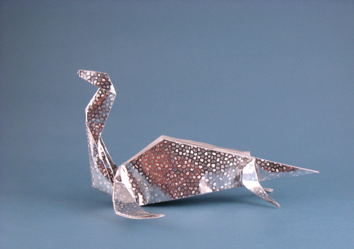 Origami Plesiosaurus by Jun Maekawa. Folded from a square of American foil by Gilad Aharoni on giladorigami.com