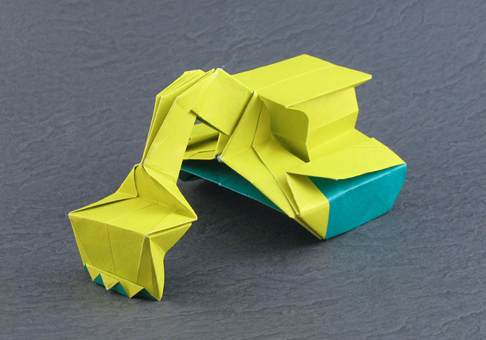 Origami Power shovel by Ryo Aoki. Folded from a square of duo origami paper by Gilad Aharoni on giladorigami.com
