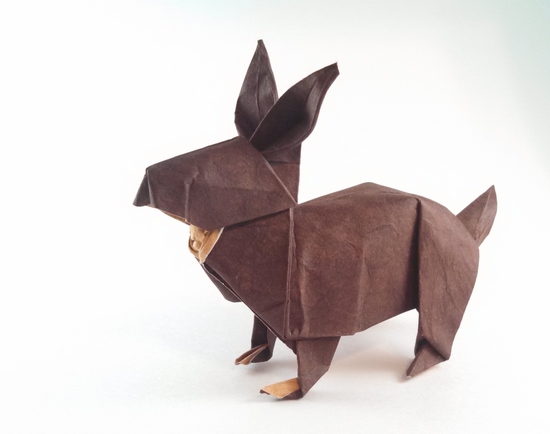 Origami Rabbit by John Montroll. Wet-folded from a square of double-sided mulberry paper by Gilad Aharoni on giladorigami.com