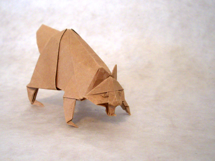 Origami Raccoon dog by Miyajima Noboru. Folded from a square of thin brown wrapping paper by Gilad Aharoni on giladorigami.com