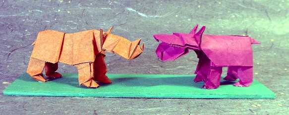 Origami Hippopotamus by Jun Maekawa. Each folded from a square of origami paper by Gilad Aharoni on giladorigami.com