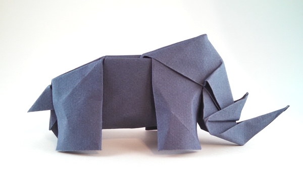 Origami Rhinoceros by Paul Frasco. Wet-folded from a square of Canson watercolor paper by Gilad Aharoni on giladorigami.com
