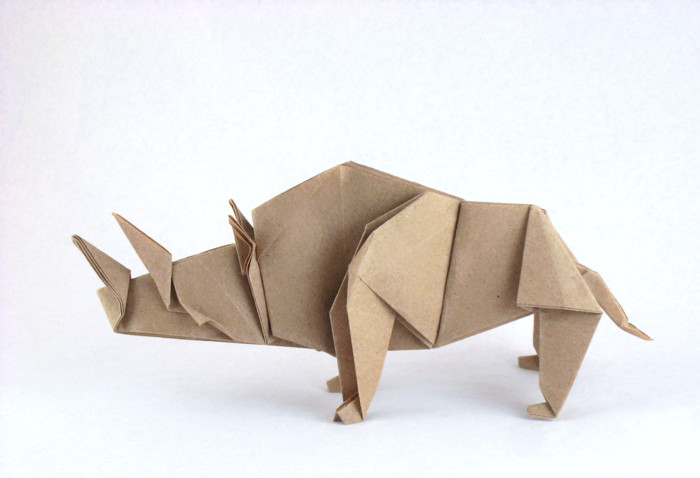 Origami Rhinoceros by Kunihiko Kasahara. Folded from a square of Trimaco masking paper by Gilad Aharoni on giladorigami.com