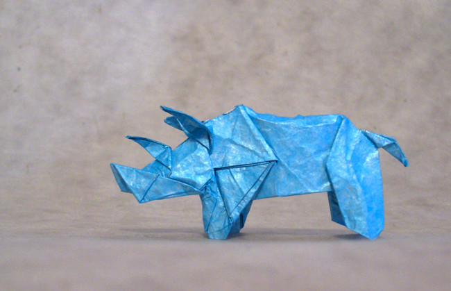 Origami Rhinoceros by Yamada Katsuhisa. Folded from a square of Kathy Stevick's tissue-foil by Gilad Aharoni on giladorigami.com