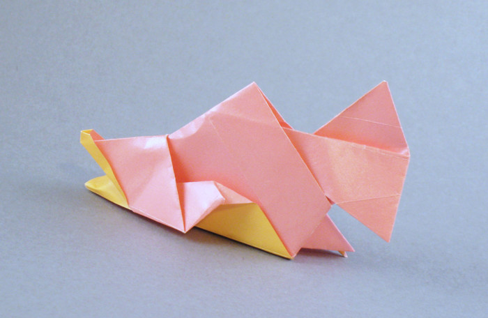 Origami Salmon by Roman Diaz. Folded from a square of duo pearl origami paper by Gilad Aharoni on giladorigami.com