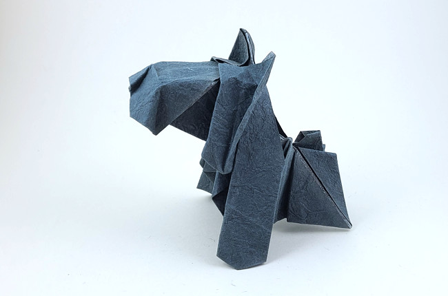 Origami Miniature schnauzer by Imai Yudai. Folded from a square of Crinkle Charcoal scrapbooking paper by Gilad Aharoni on giladorigami.com