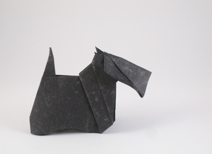 Origami Scottish Terrier by Makoto Yamaguchi. Folded from a square of marble paper by Gilad Aharoni on giladorigami.com