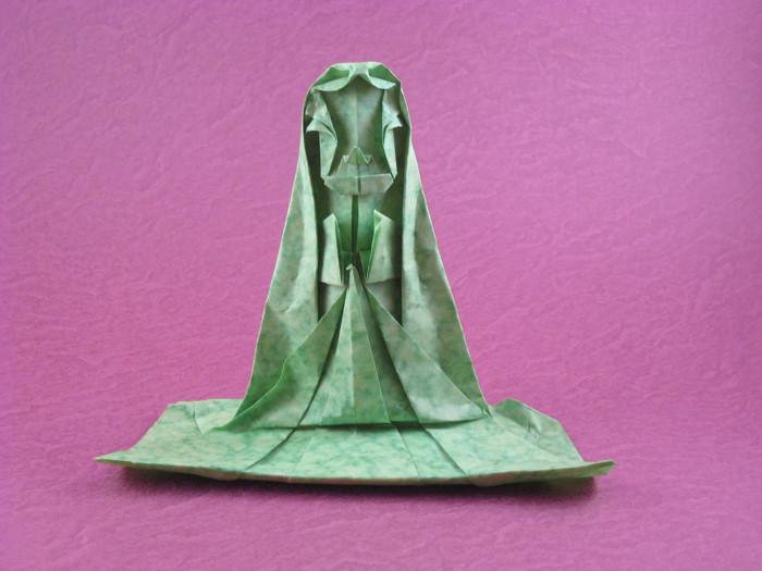 Origami Seated figure of Kannon by Kawai Toyoaki. Wet-folded from a square of tie-died paper by Gilad Aharoni on giladorigami.com