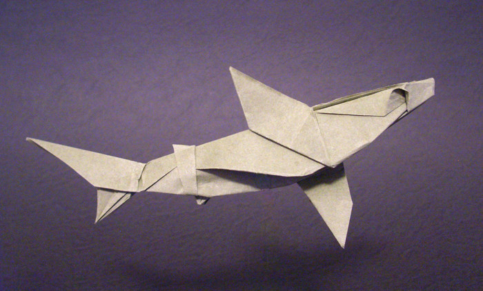 Origami Shark by Ronald Koh. Folded from a square of Trimaco masking paper by Gilad Aharoni on giladorigami.com